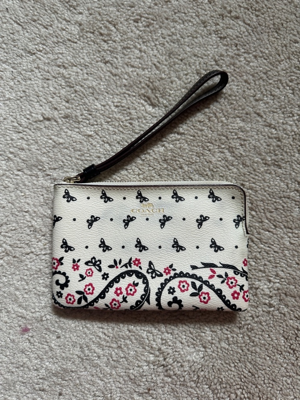 Coach White Floral Paisley Wristlet with Pink & Black Detail